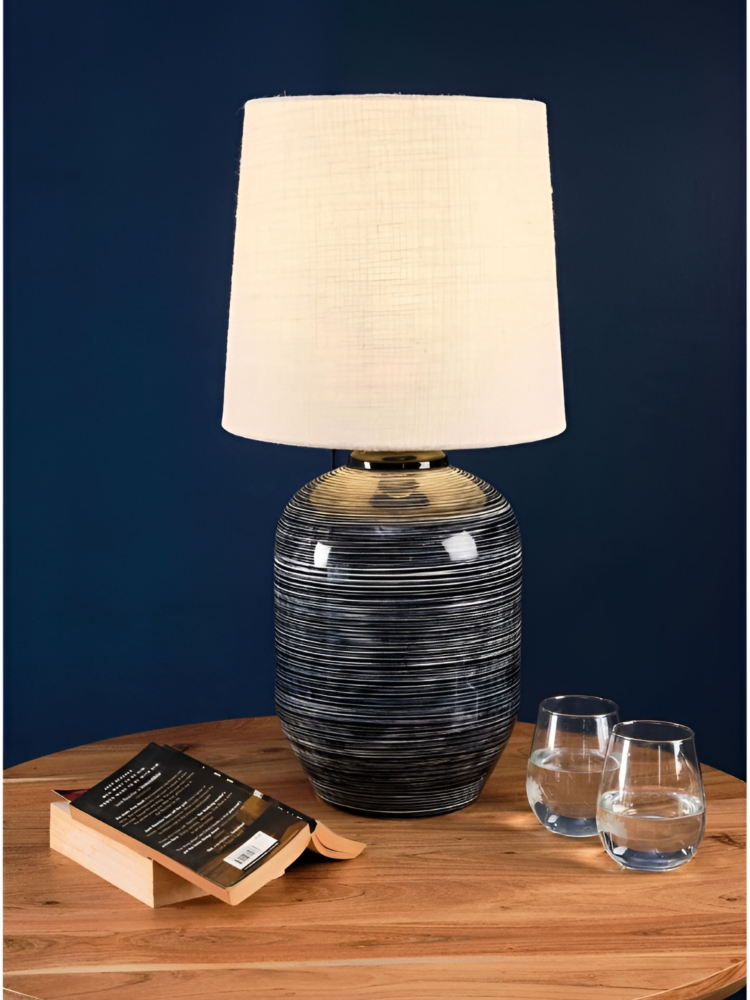 FREEDOM TREE Black & White Textured Cylindrical Shaped Ceramic Table Lamp