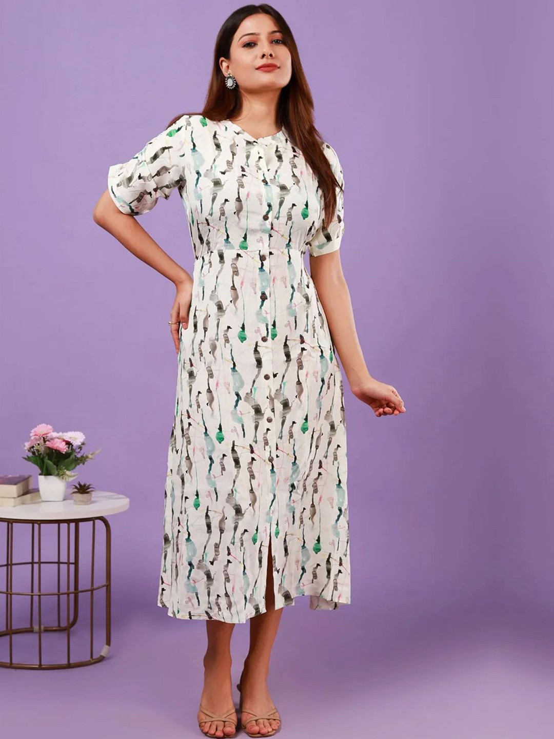 NEED APPARELS Women Printed Mandarin Collar Shirt Midi Dress