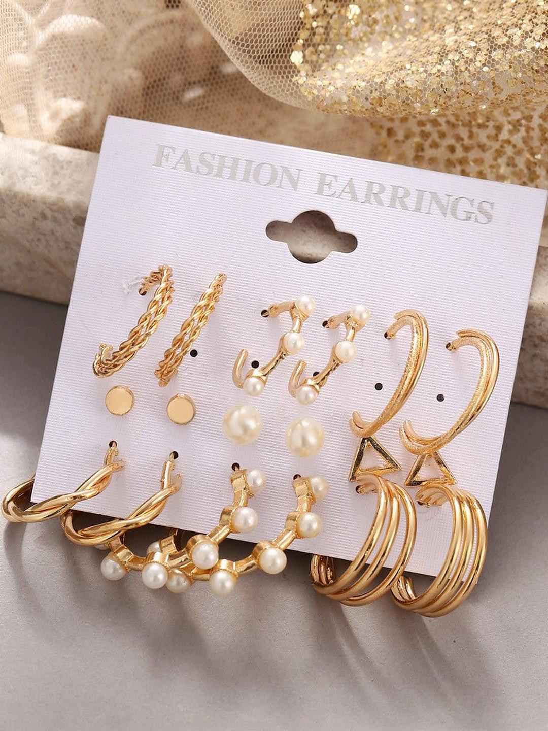 TheVineGirl Combo of 9 Pair Gold Plated Triangle Pearl Stud And Twisted Hoop Earrings