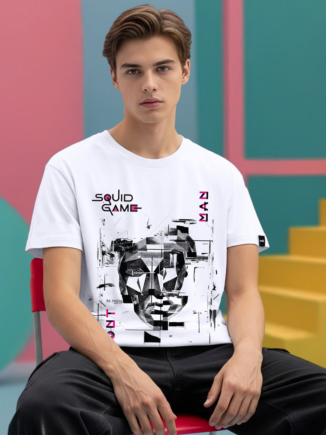 Bewakoof Official Squid Game Merchandise Men's White Front Man Graphic Printed Oversized T-shirt