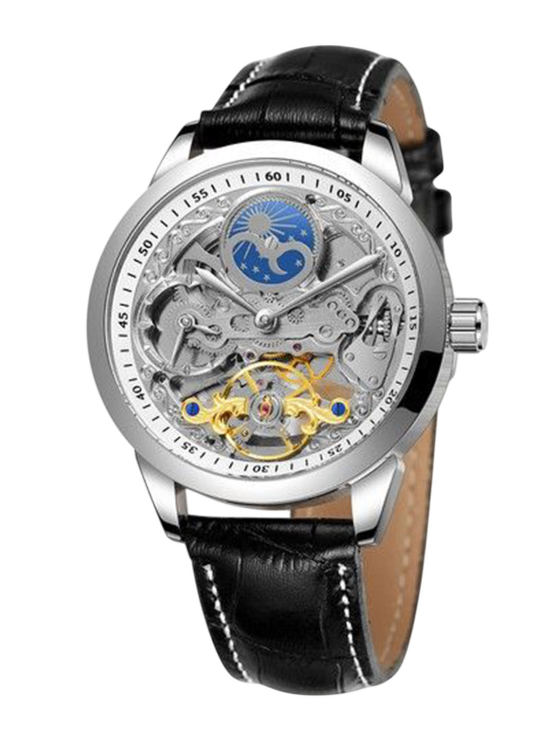 FORSINING Men Automatic Skeleton Watch Moon Phase Dual Time Leather Strap