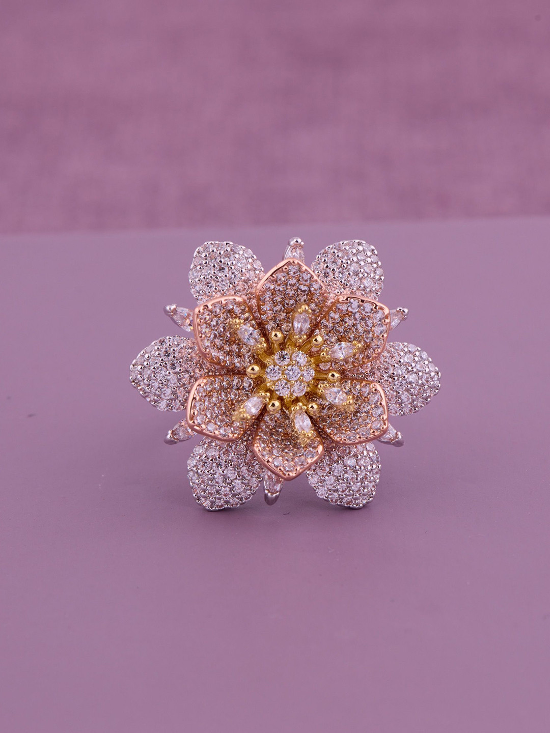 GC PREMIUM JEWELLERY Stainless Steel Crystal Studded Statement Finger Ring