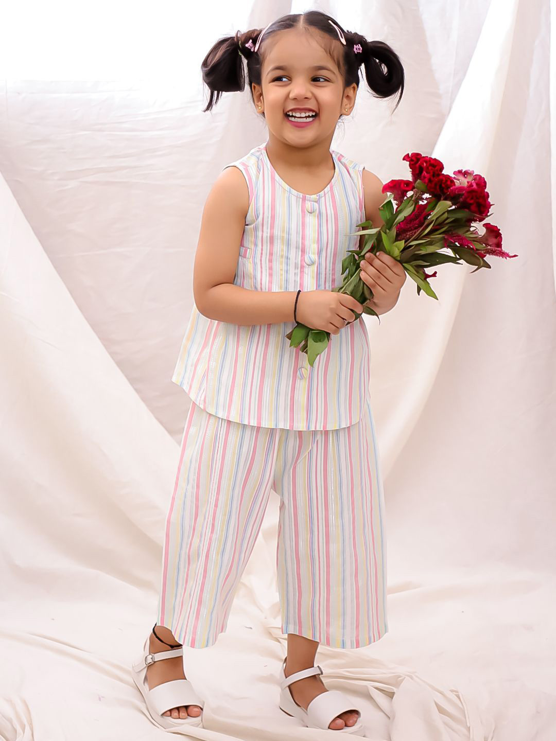 BownBee Summer Girls Striped Round Neck Sleeveless Pure Cotton Top With Palazzos