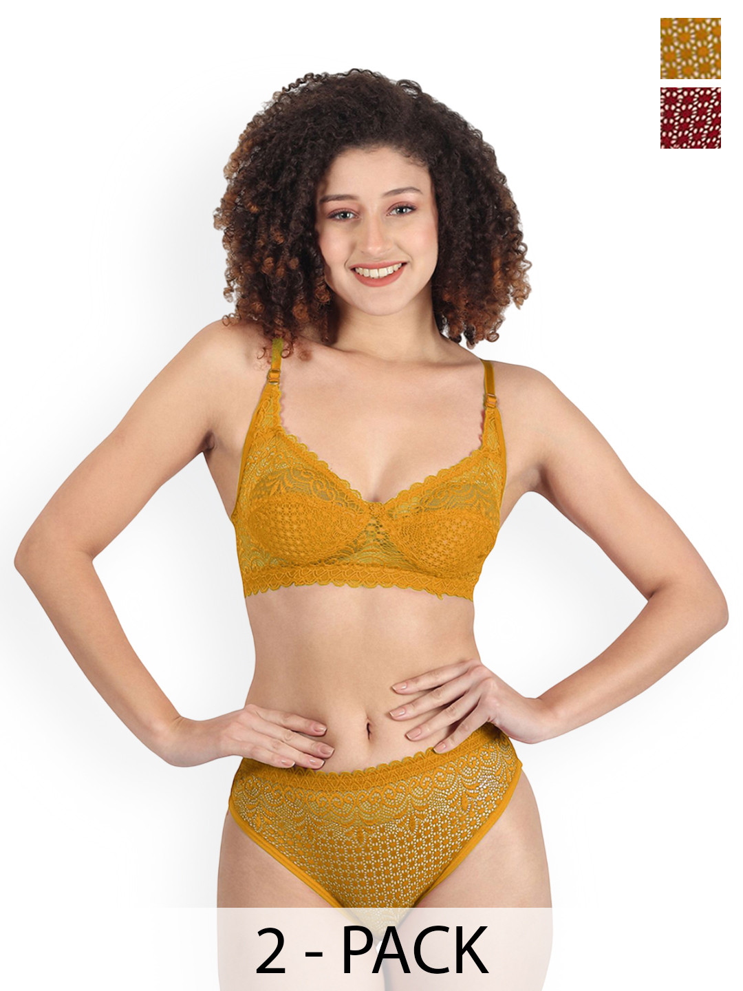 Samvar Pack Of 2 Self-Design Non Padded Lingerie Sets A-Rain-Set_M,Y