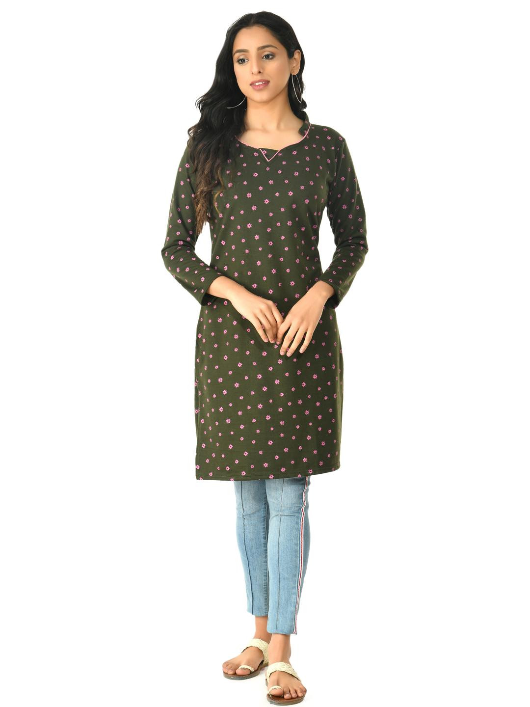 KAYU Women Fleece Warm Printed Full Sleeve Short Kurtis