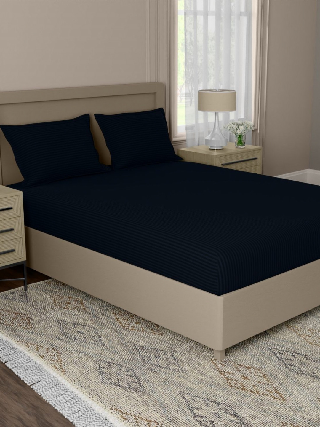 home expressions Black Striped Cotton 500 TC King Bedsheet 274 m X 274 m