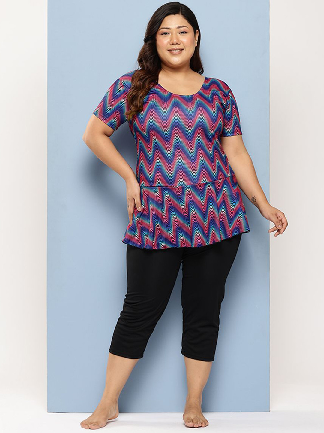 BAESD Abstract Printed Plus Size Swim Dress With Swimming Cap