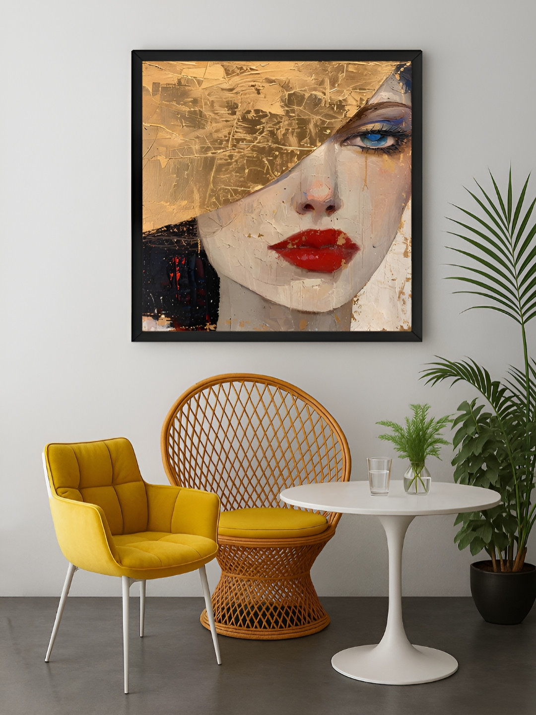 999Store Gold-Toned & Off White Face Printed Canvas Wall Art
