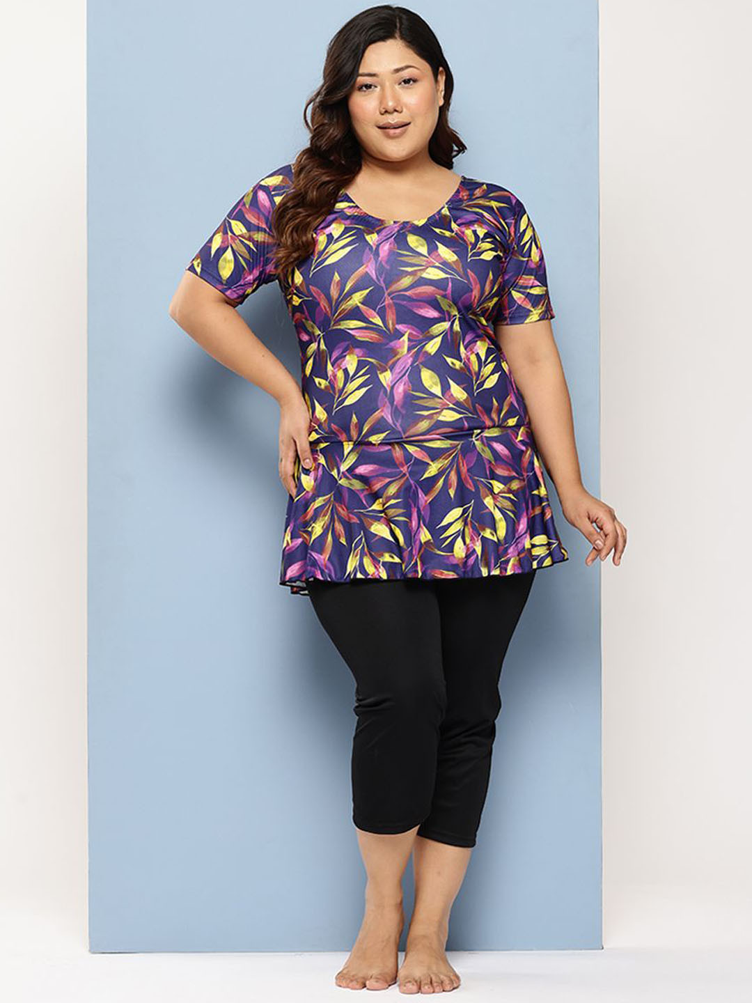 BAESD Plus Size Floral Printed Swimwear & Attached Tights With Cap
