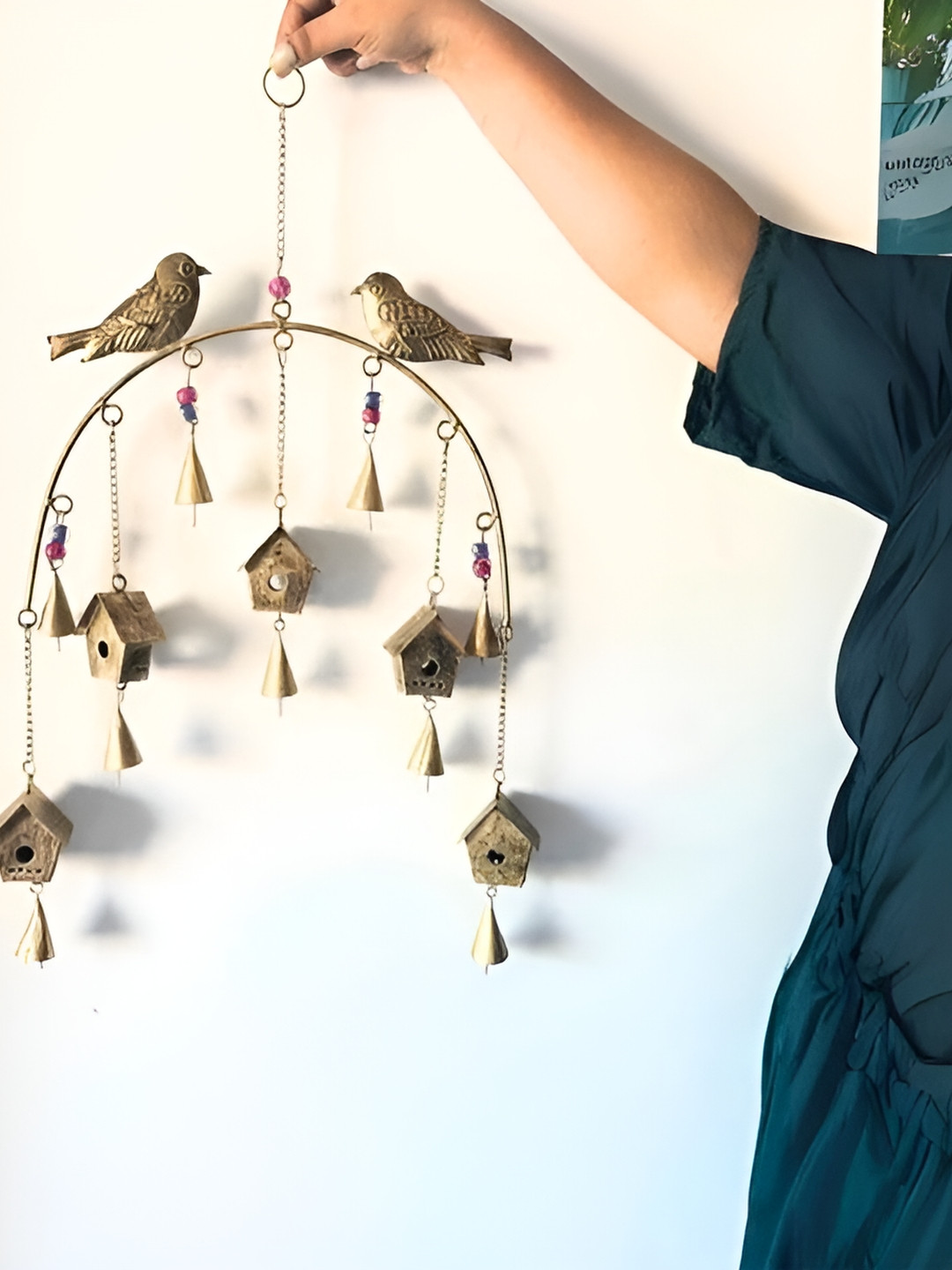 JASMEY HOMES Bird & Hut Hanging Decor with Bells Metal Matte Hall Wall Hangings-23In