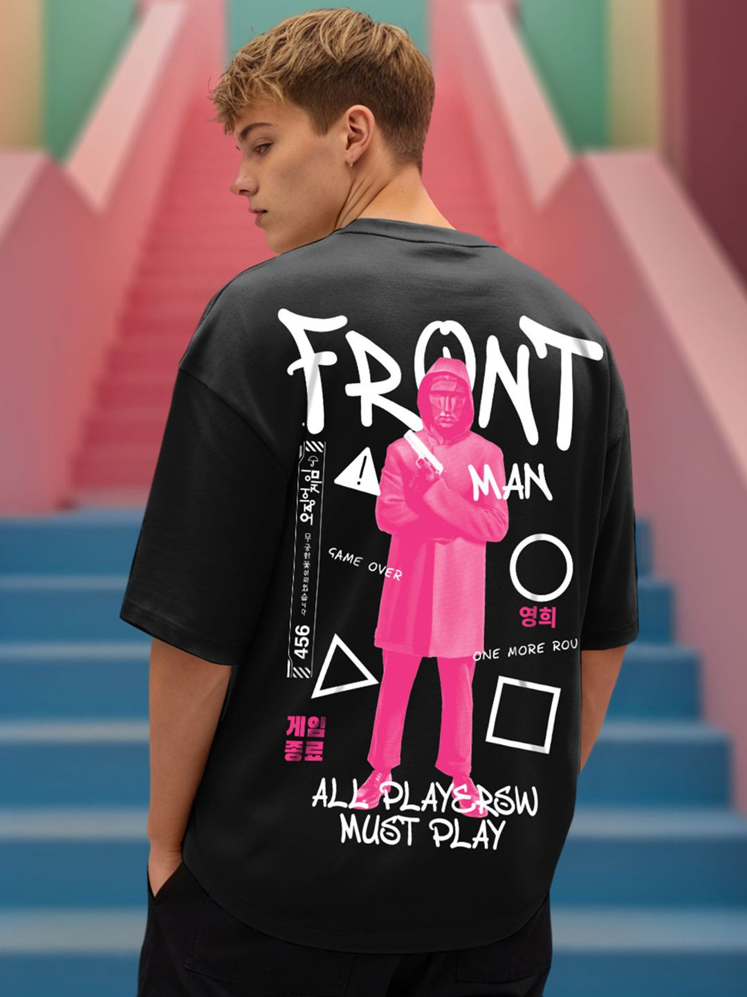 Bewakoof Official Squid Game Merchandise Jet Black Front Man Printed Oversized T-shirt