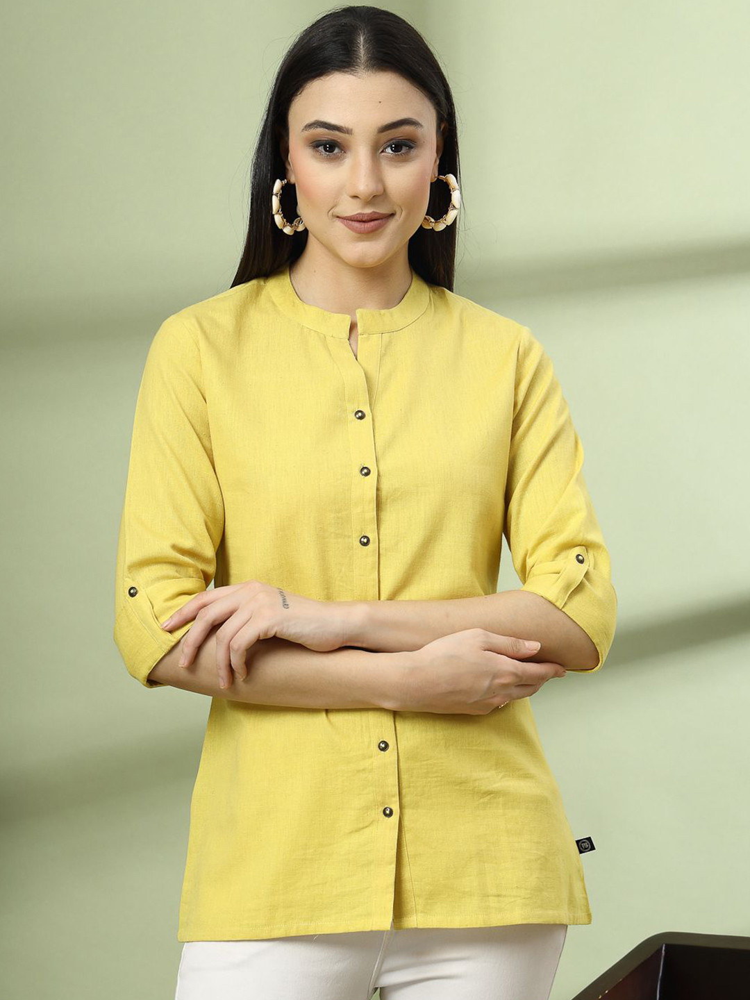 Pistaa Mandairan Coller Roll-Up Sleeves Pure Cotton Kurti