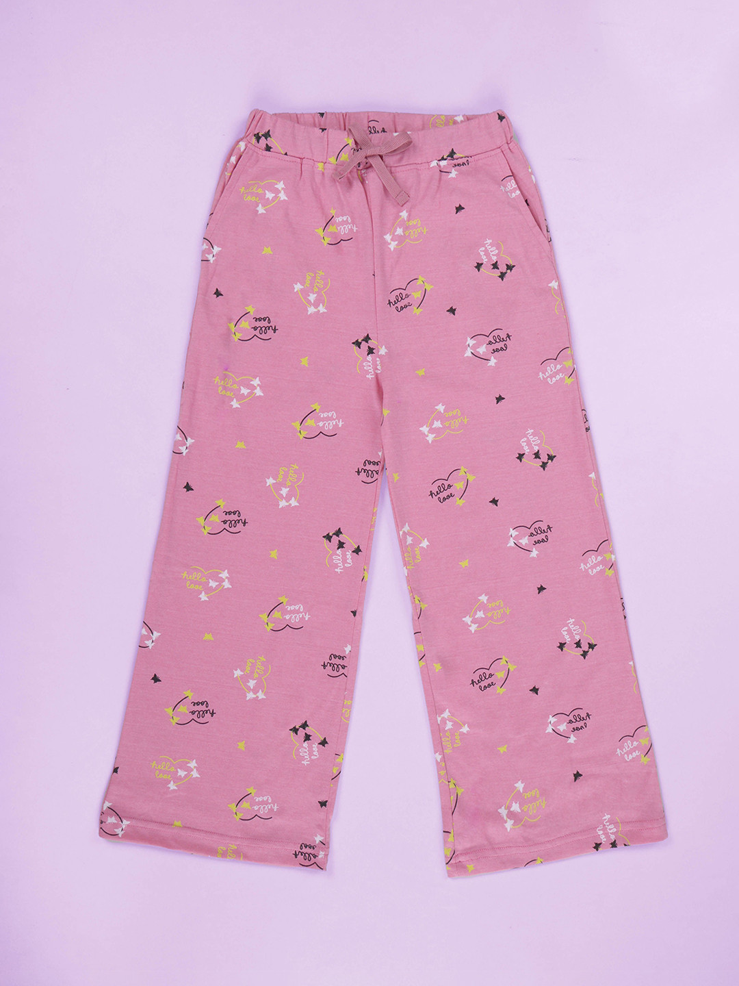 KiddoPanti Girls Hello Heart Printed Pure Cotton Straight-Leg Lounge Pants
