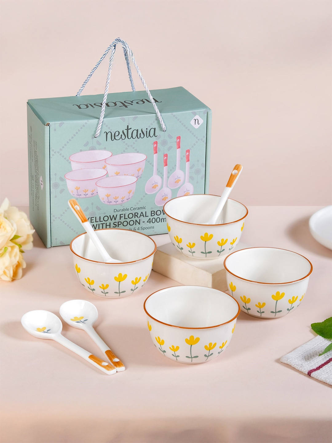 Nestasia White & Yellow 8 Pieces Floret Ceramic Soup Bowls With Spoons-400ml Each