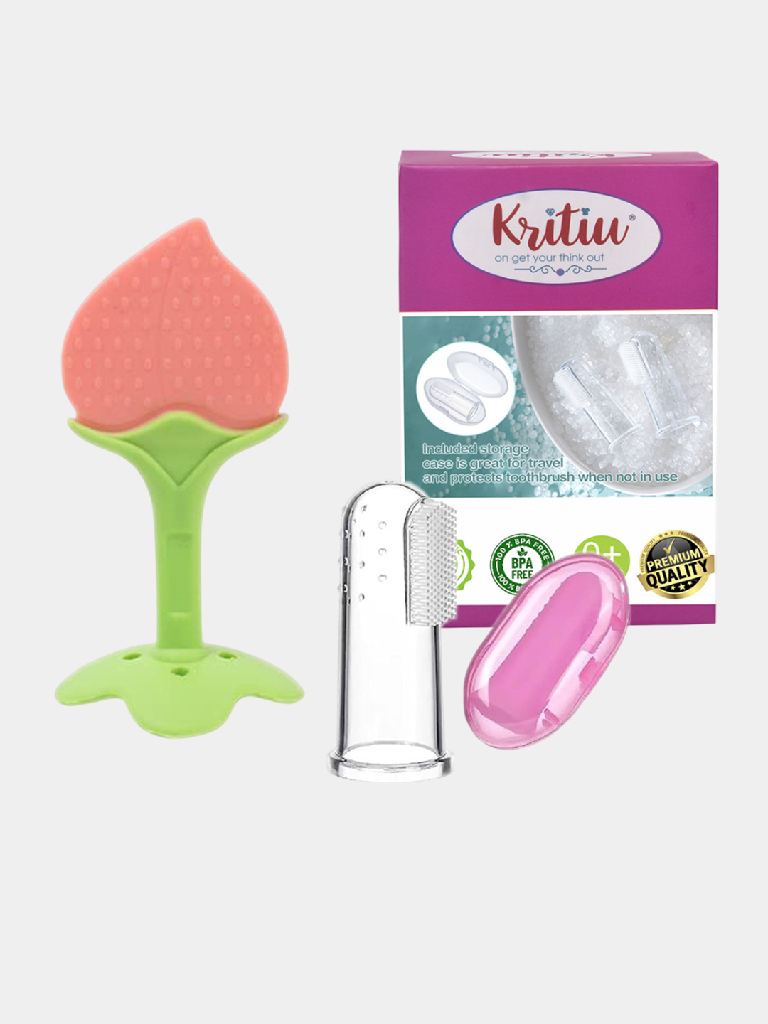 Kritiu Set Of 2 Fingure Toothbrush & Silicone Stand Teether