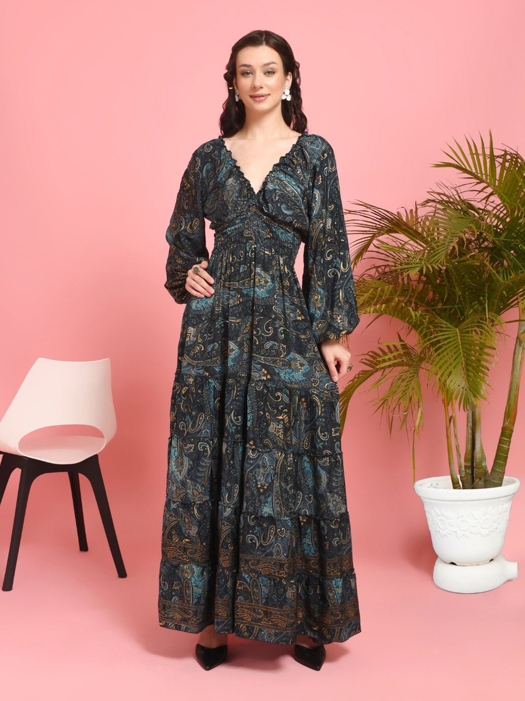 Boholyfe Tara goldleaf Women Ethnic Motifs Printed Smocked Tiered Empire Maxi Dress