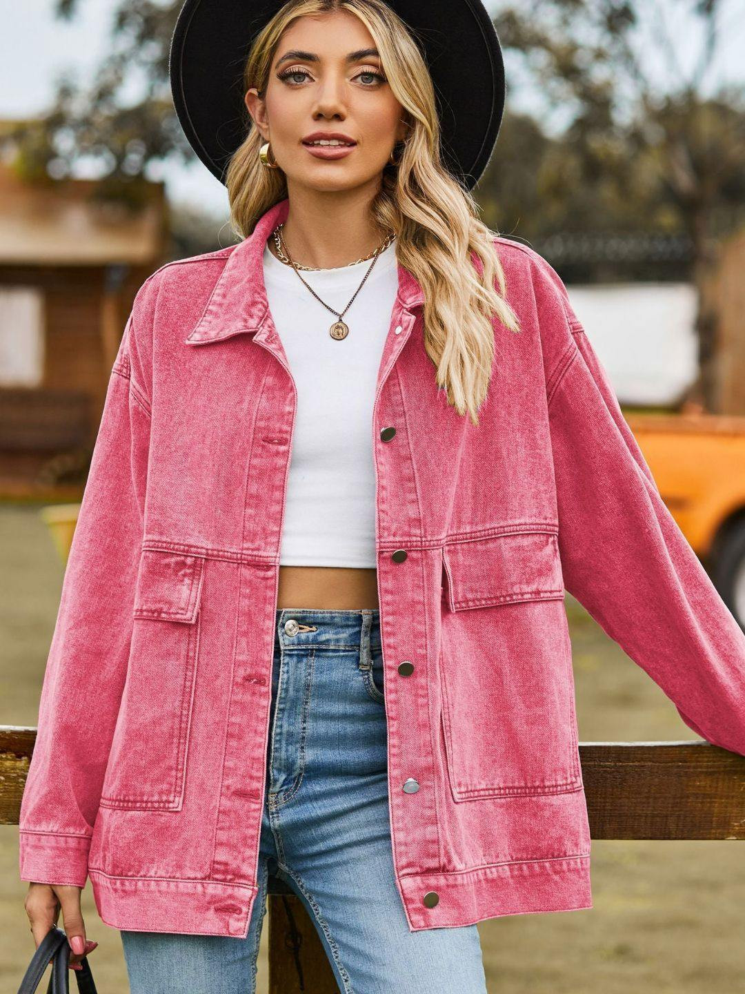 Oh Rare Women Solid Pink Spread Collar Long Sleeves Denim Jacket