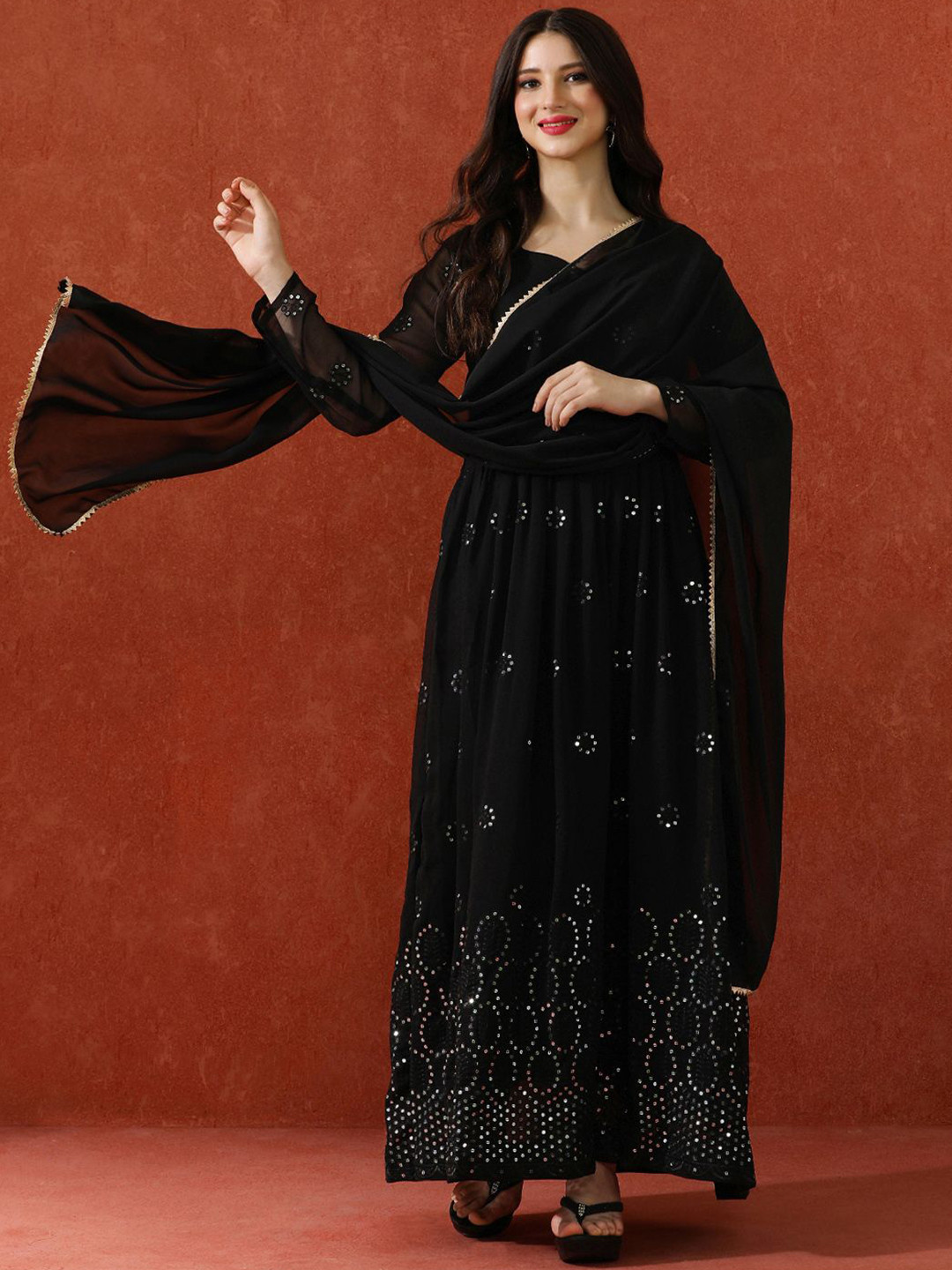 QSH Embroidered Sweet Heart Neck Fit & Flared Maxi Ethnic Dress With Dupatta