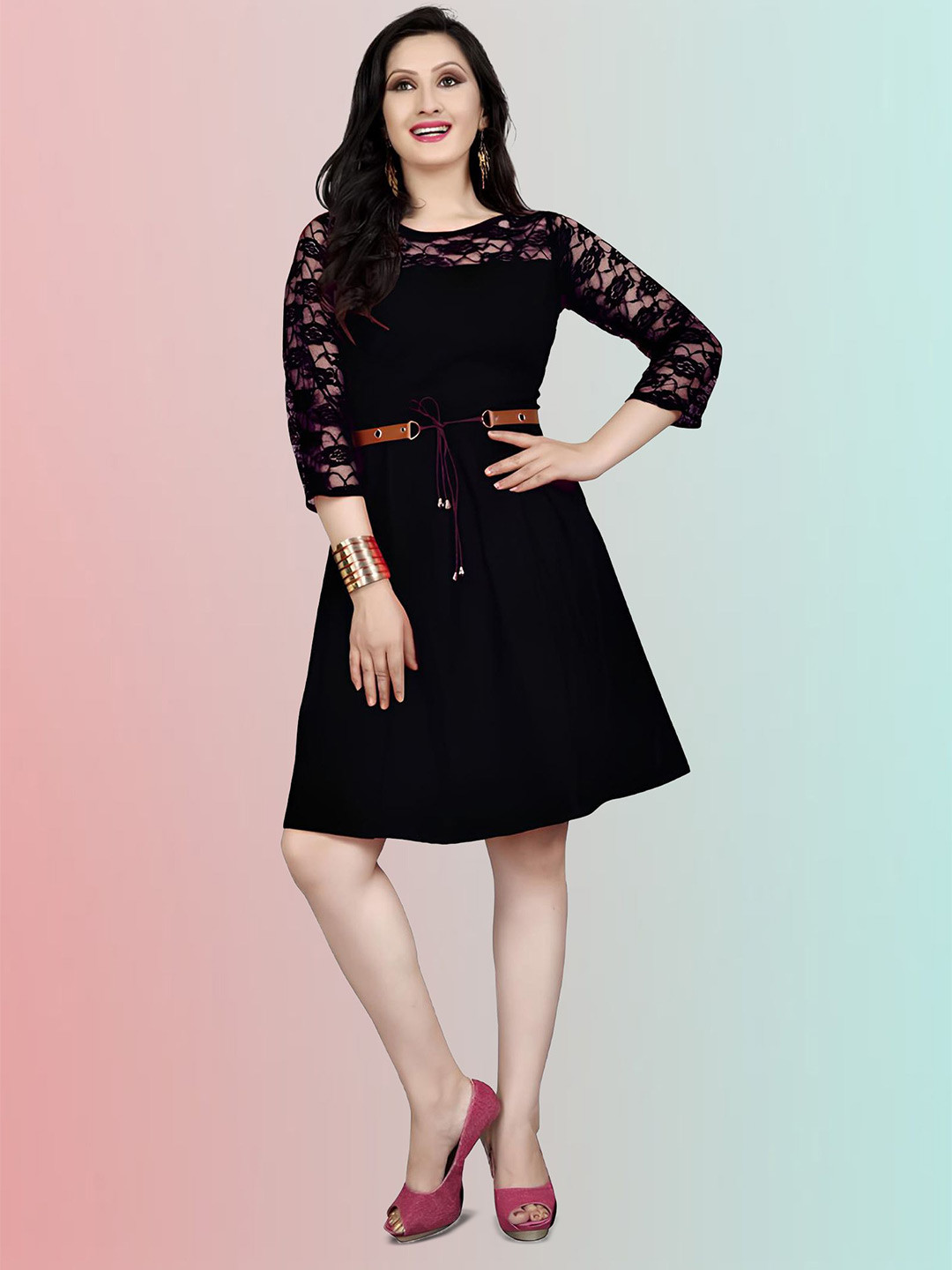 Dream Beauty Fashion Women Belted Round Neck Fit & Flare Dress