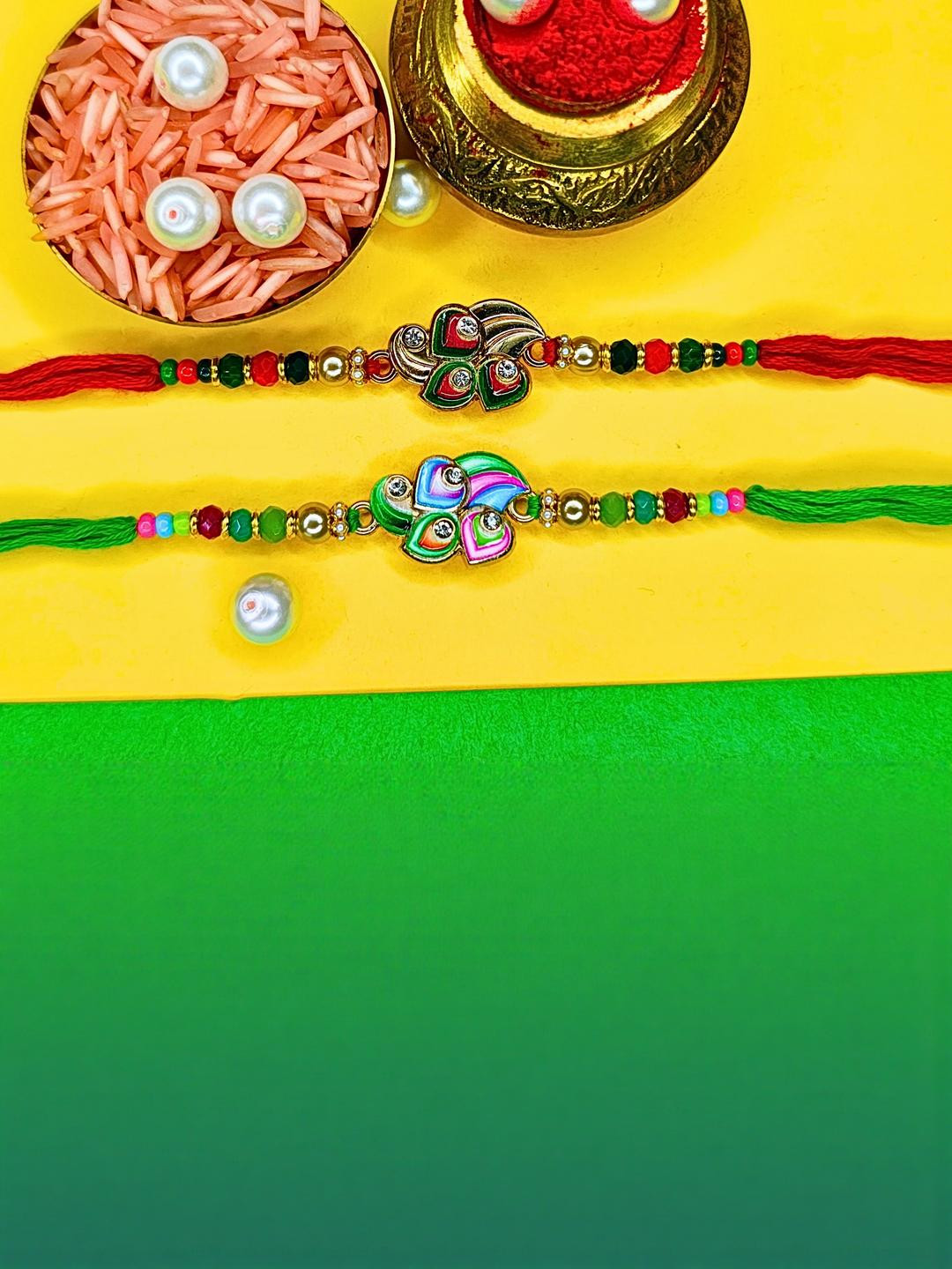 Anouk Set Of Beaded Cotton Thread with AD Stones & Meenakari Designer Rakhi for Brother