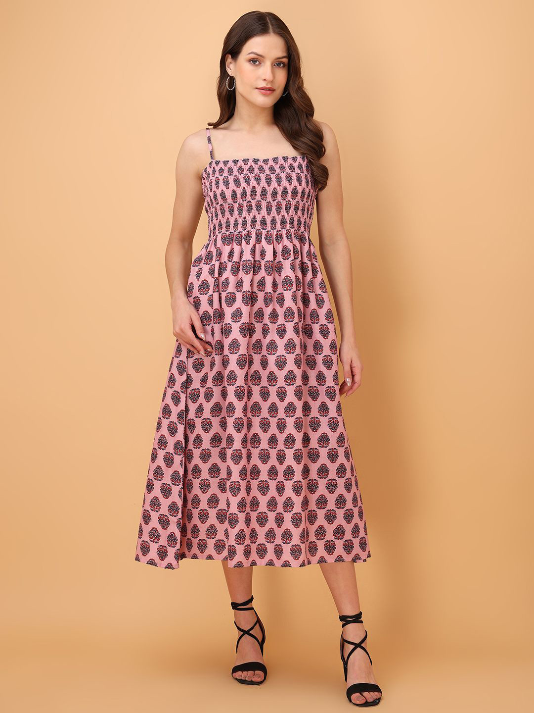 OBSHIVKA Women Floral Printed Shoulder Straps Smocked Deatails Fit & Flare Midi Dress