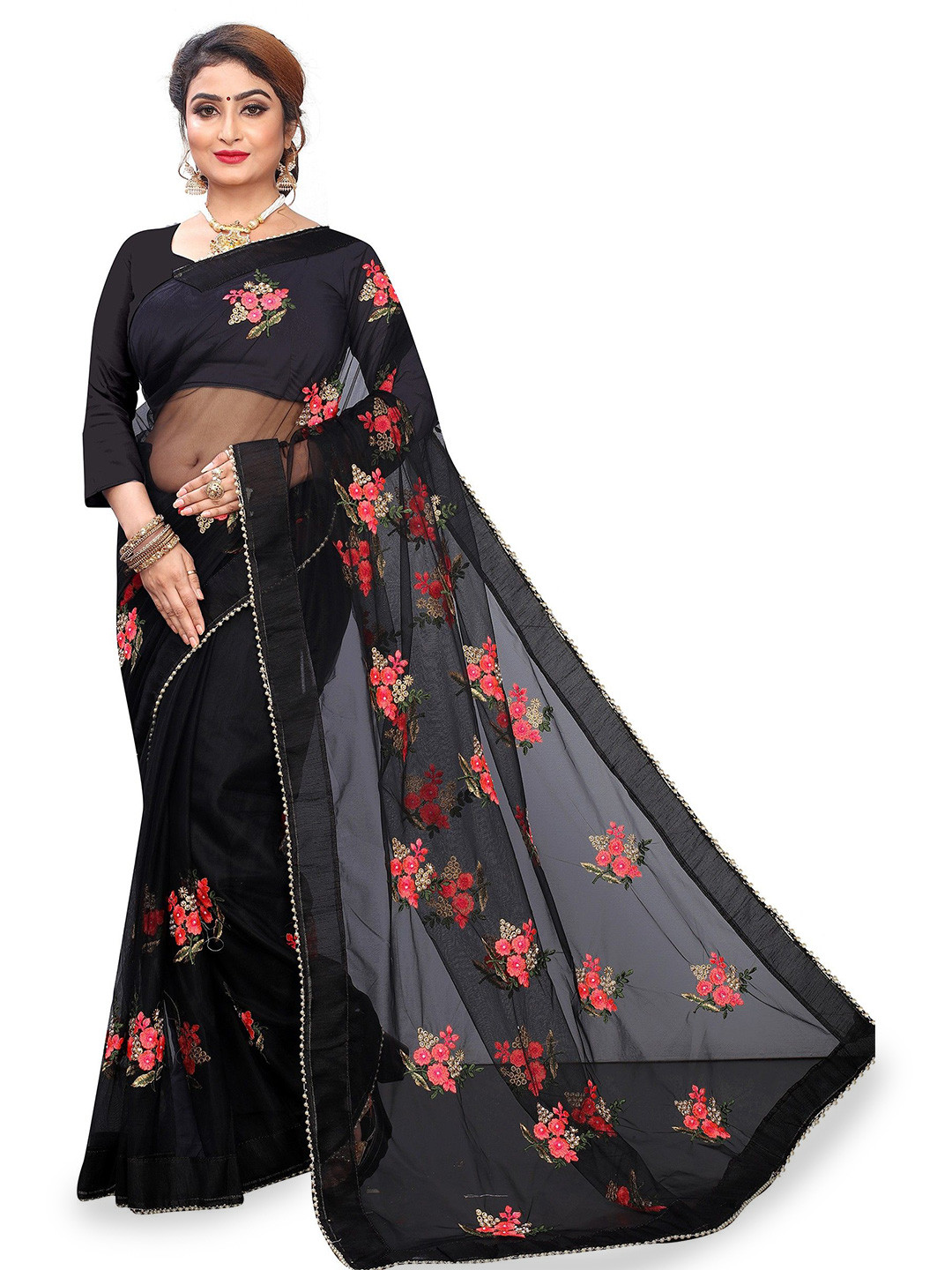 PATLANI STYLE Embroidered Net Saree With Unstitched Blouse Piece