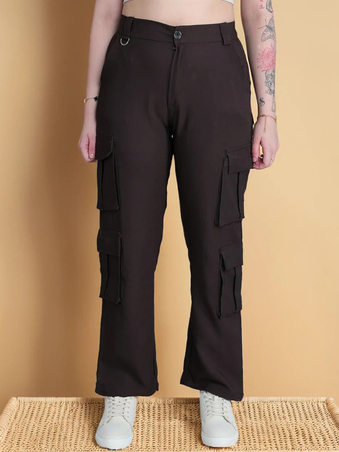 FIREAGE Women Solid Korean Fit High-Rise Easy Wash Cargos Trousers