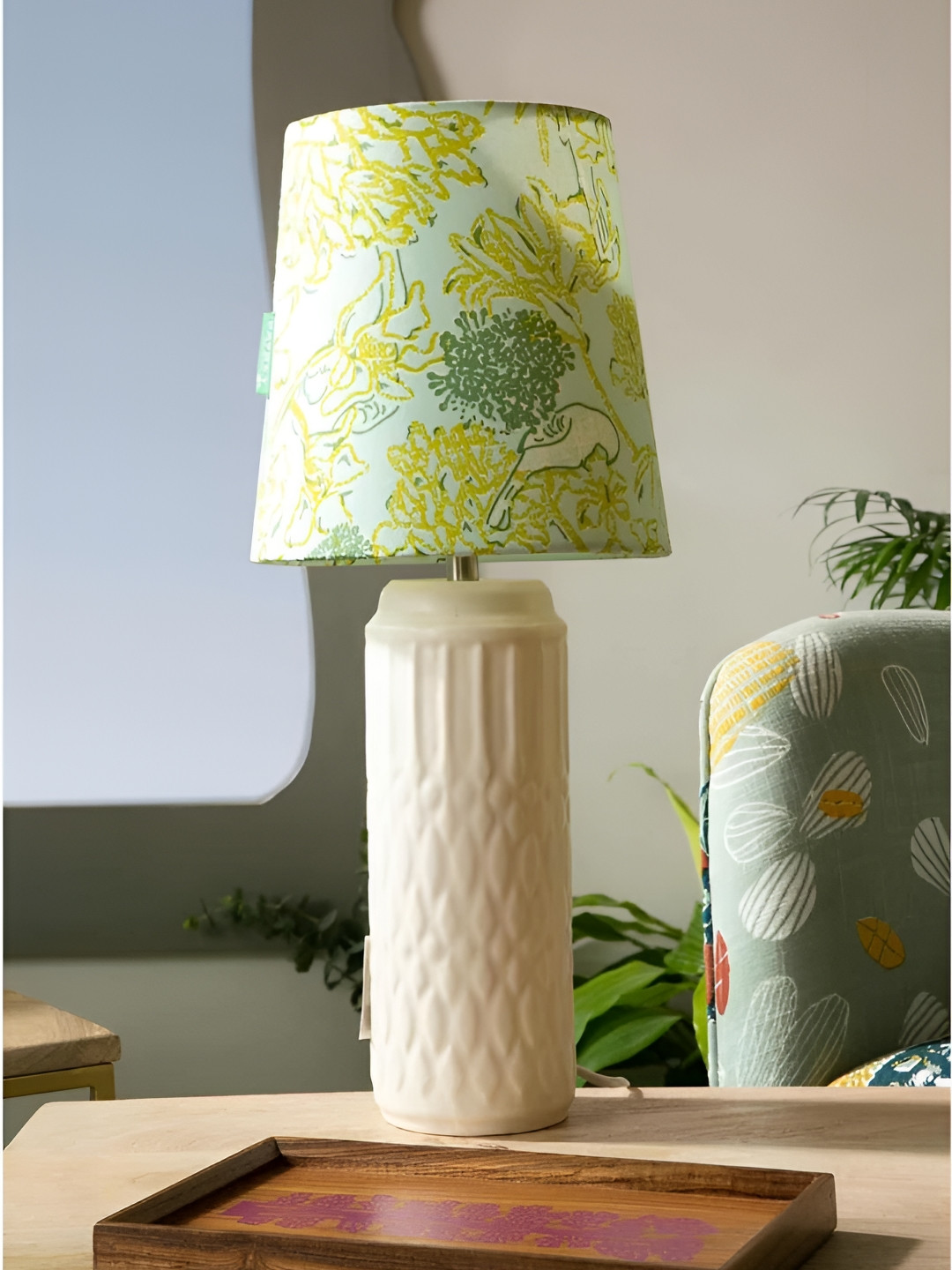 FREEDOM TREE White & Yellow Textured Cylindrical Shaped Ceramic Table Lamp