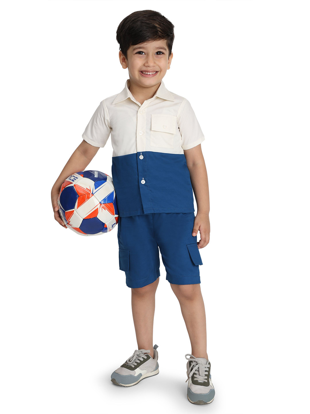 SPIN N TALES Boys Colourblocked Pure Cotton Shirt With Shorts