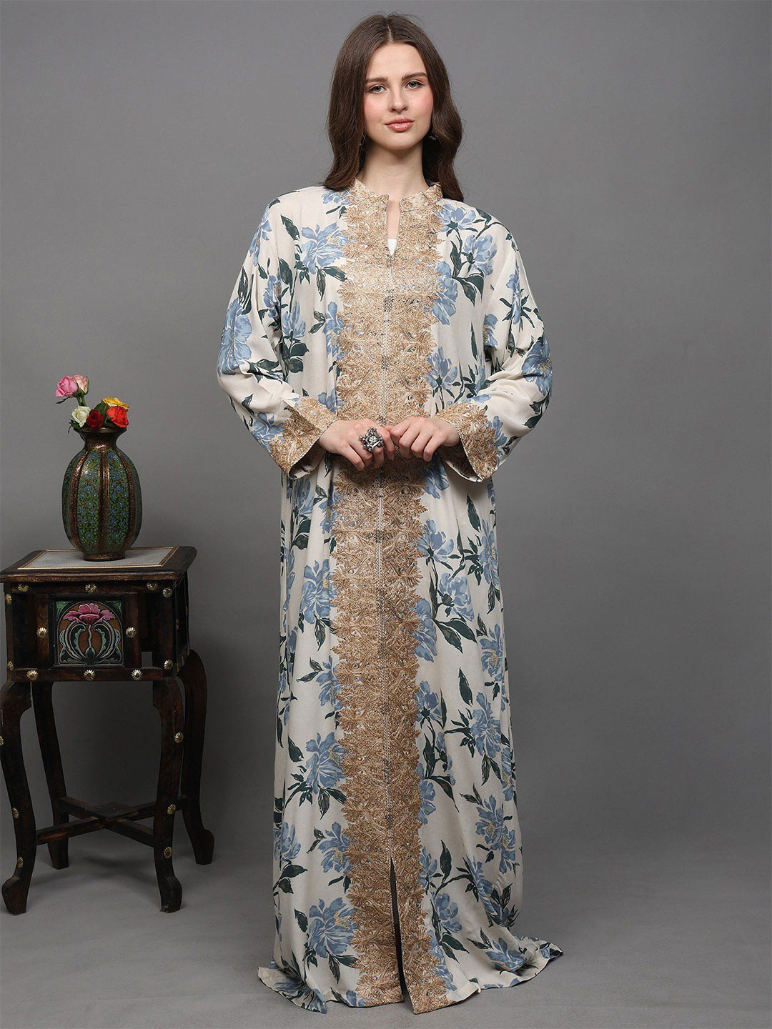 Exotic India Women Aari Embroidered Abaya Dress from Kashmir with Printed Giant Flowers