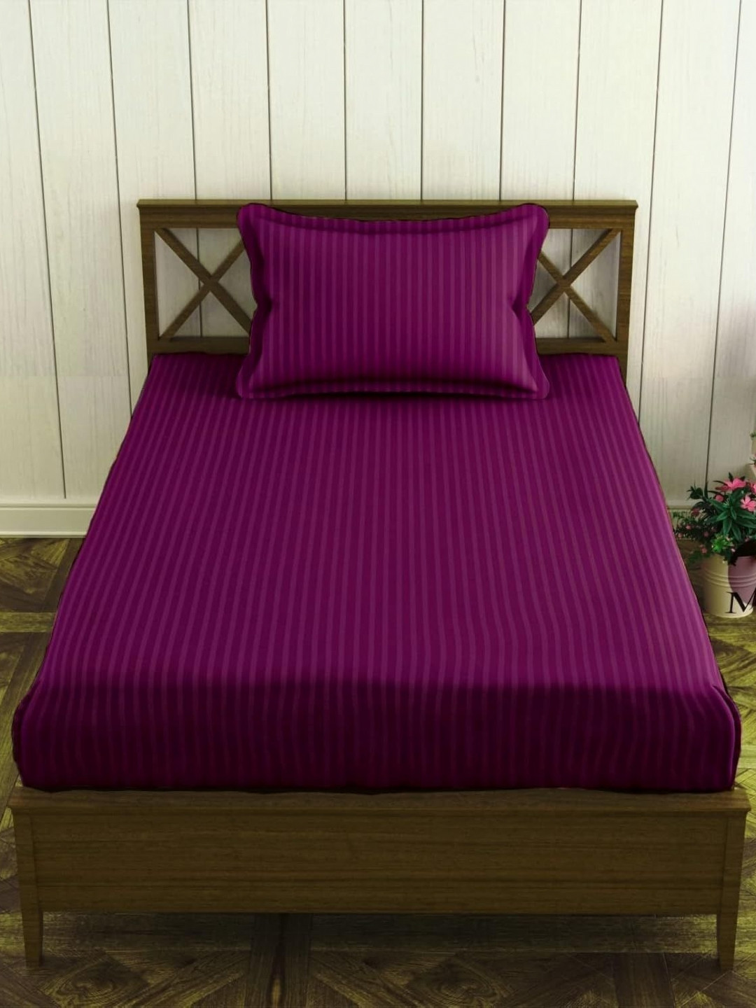 Trance Home Linen Violet Striped 200 TC Cotton Single Fitted Bedsheet Set 1.98m x 0.91m