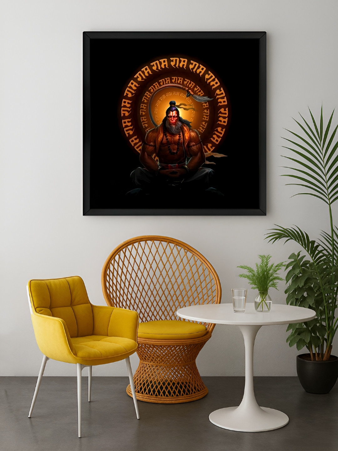 999Store Black & Orange Colored Meditating Lord Hanuman Printed Canvas Wall Art