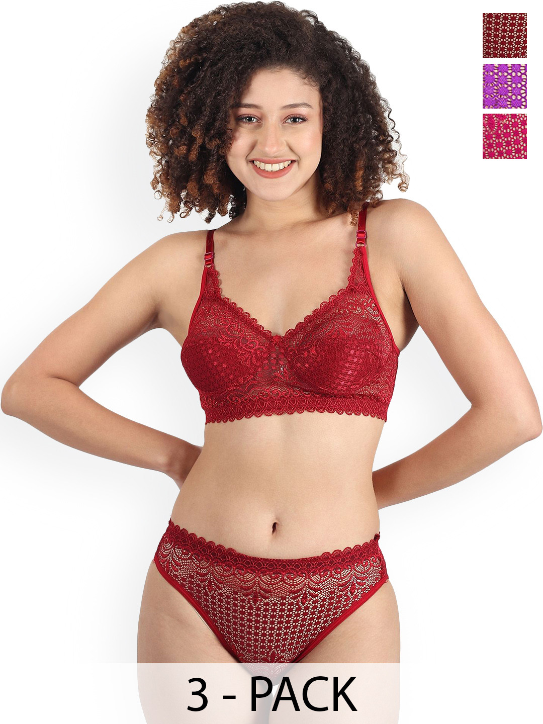 Samvar Pack Of 3 Self Design Non Padded Lingerie Sets A-Rain-Set_Pu,P,M