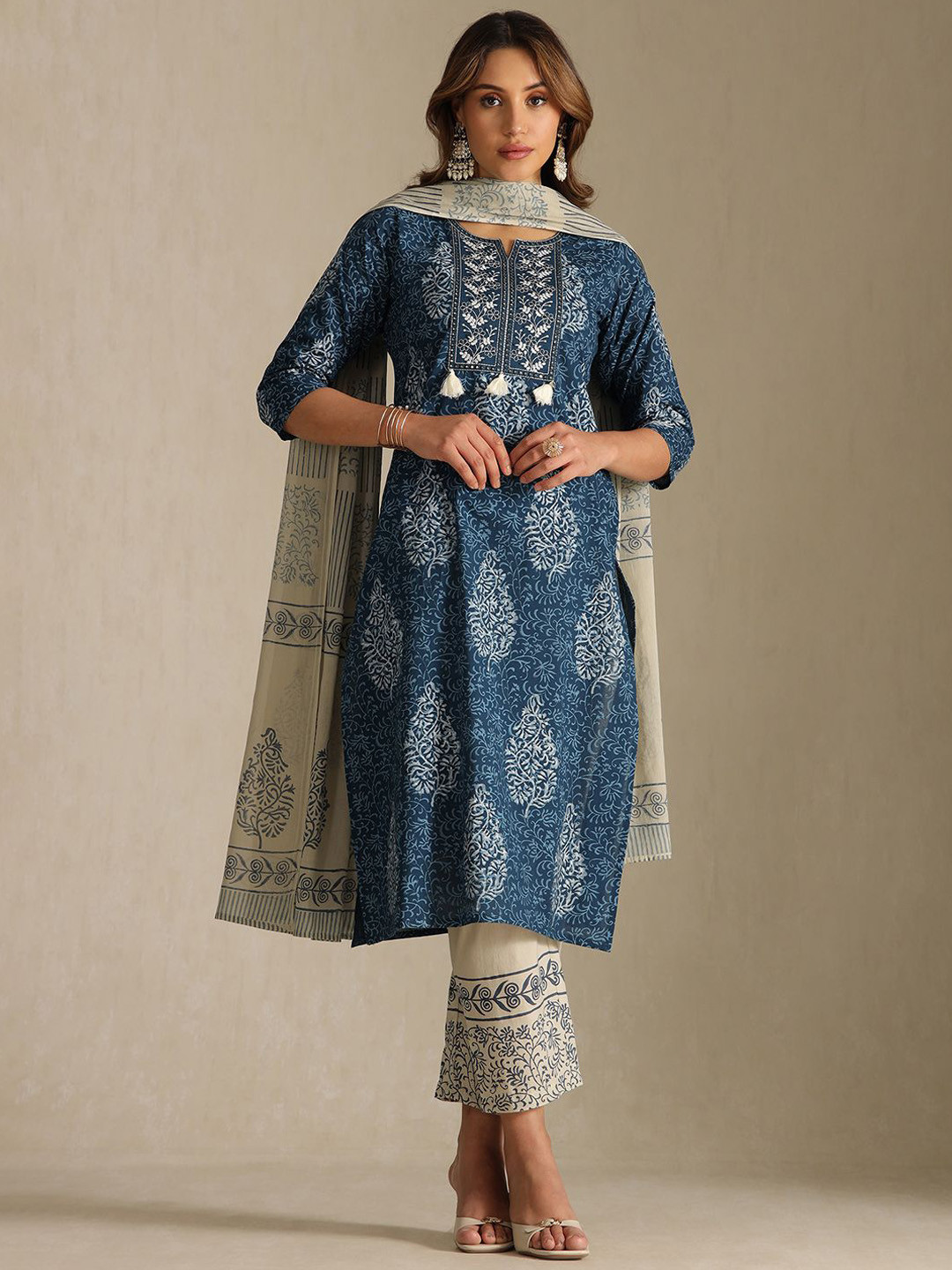 Soch Women Printed Calf Length Thread Work Straight Kurta with Trousers & With Dupatta