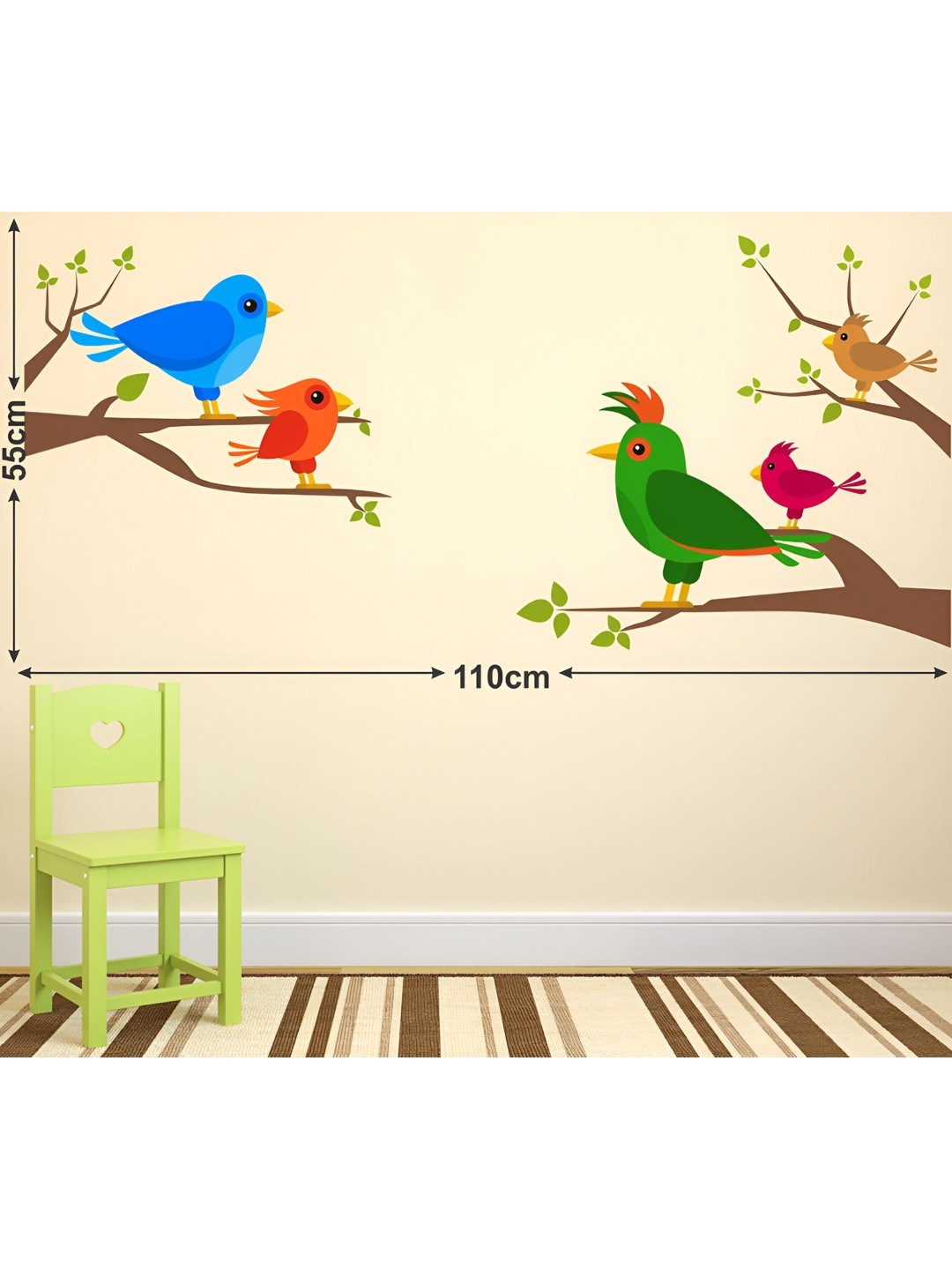 LANSTICK Blue & Green Tree With Birds Printed Heat Resistance Wall Sticker