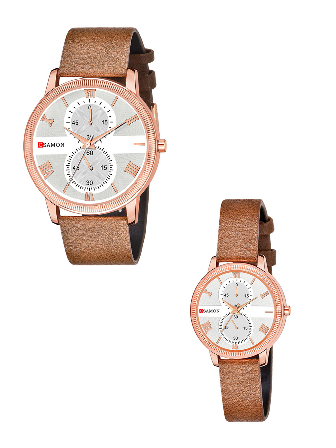 CSAMON Unisex Pack Of 2 Leather Straps Analogue Watch Csamon_09_beige Couple