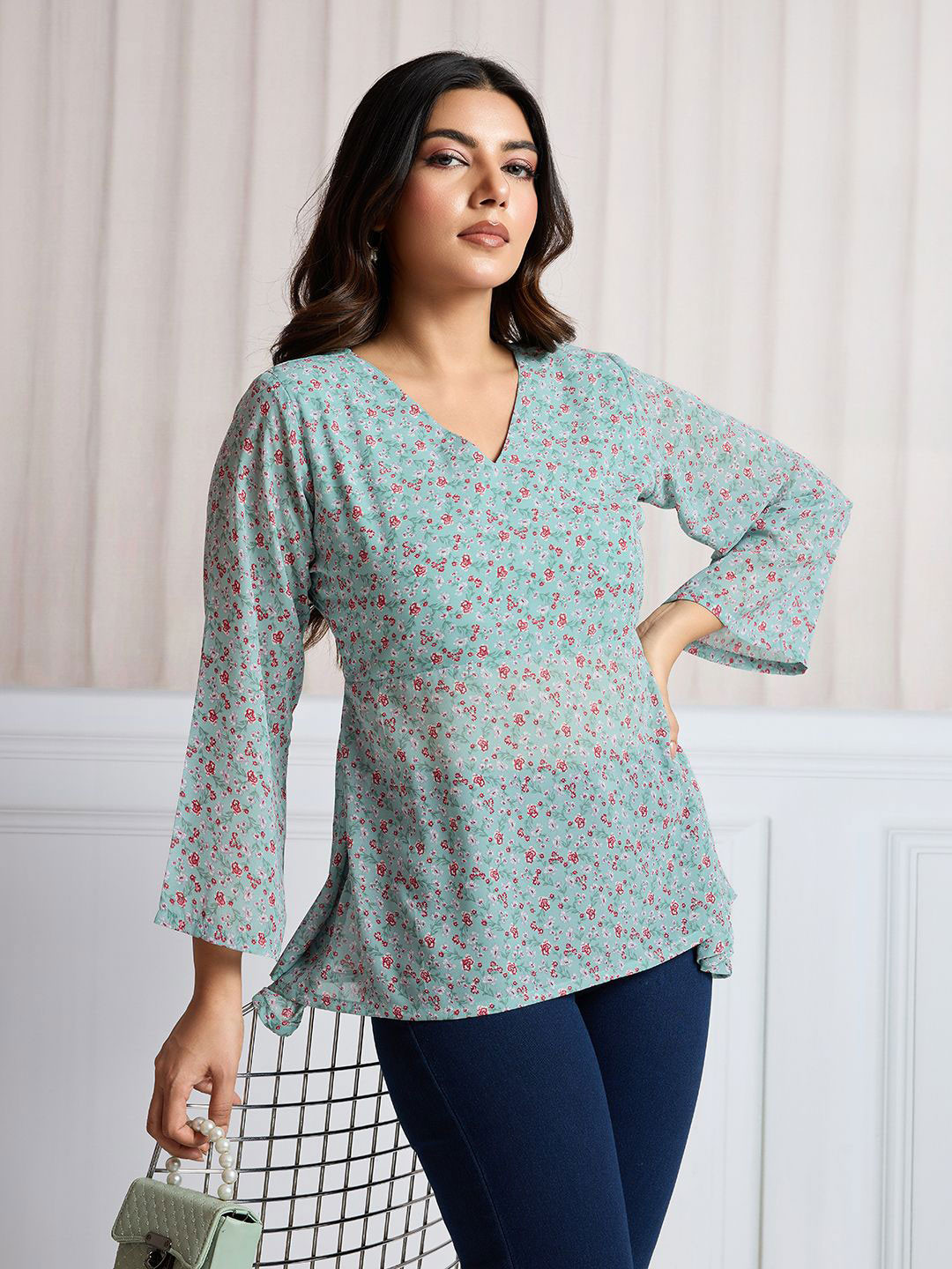 TATER GARMENTS Women Floral Print V-Neck Bell Sleeve Top