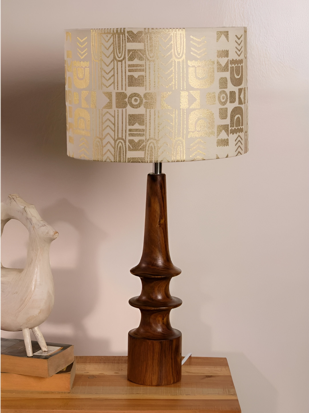 FREEDOM TREE Brown & Gold-Toned Printed Cylindrical Shaped Wooden Table Lamp