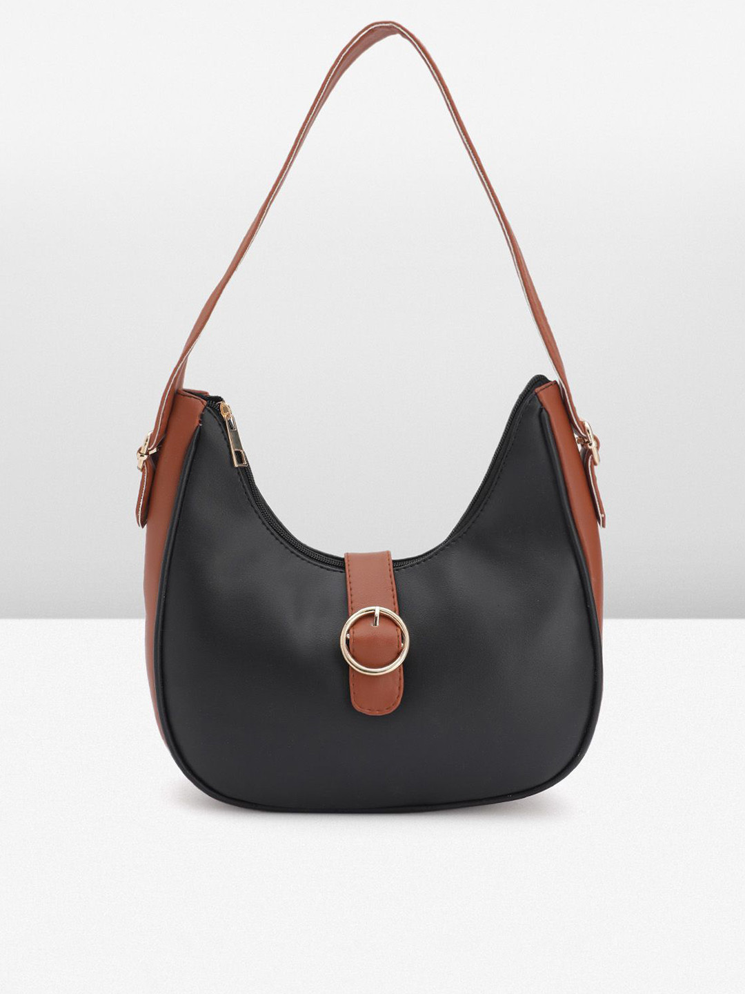 FABBHUE Women Colourblocked Hobo Bag Buckle Detail Hobo Bag