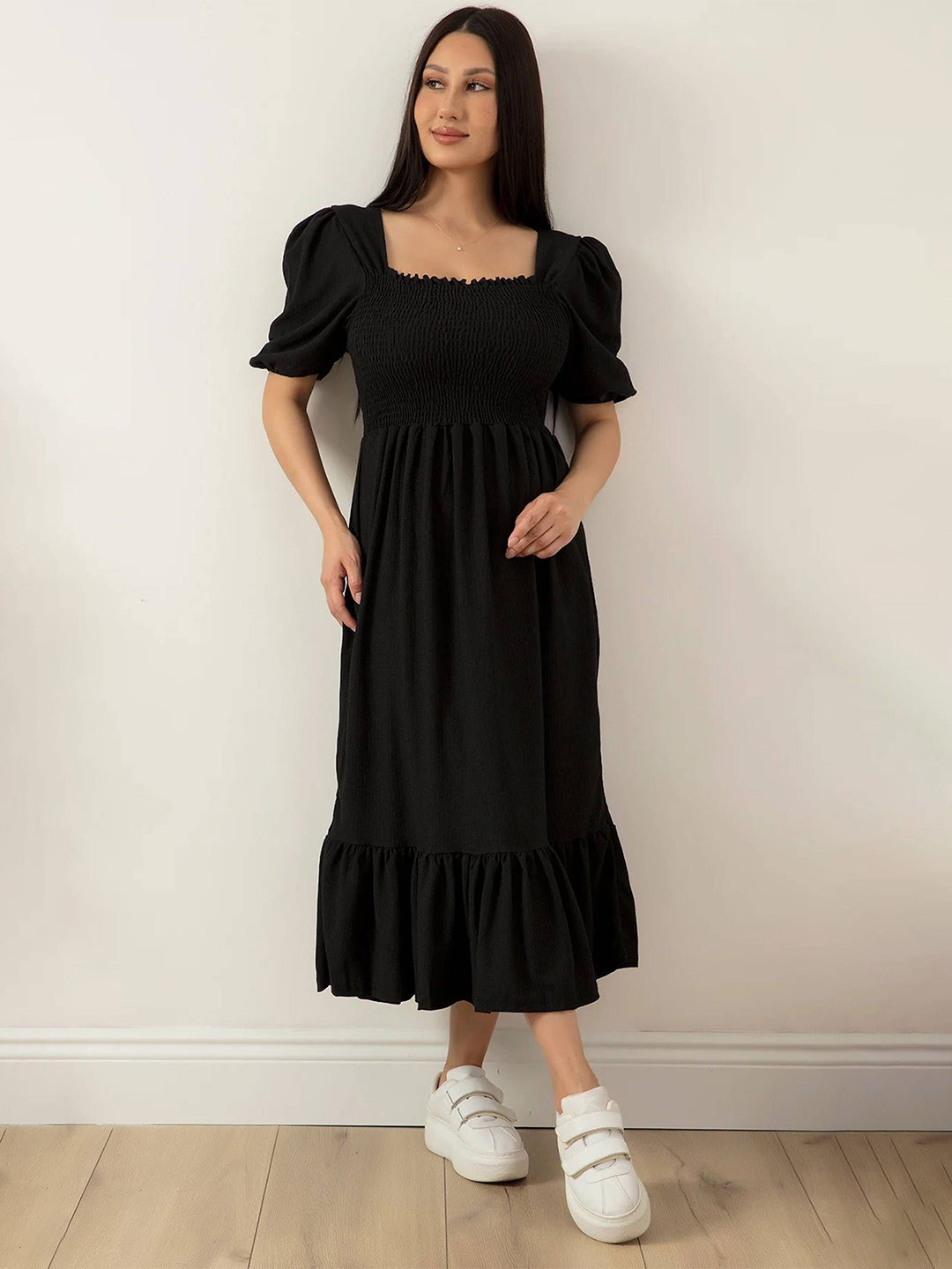PTVIZE Women Solid Smocked Square Neck Crepe Fit & Flare Midi Dress