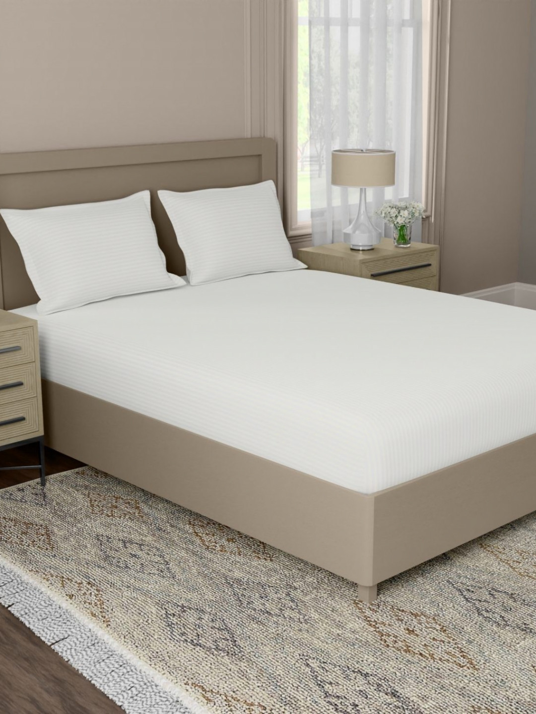 home expressions White Striped Cotton 500 TC Bedsheet 295 m X 305 m