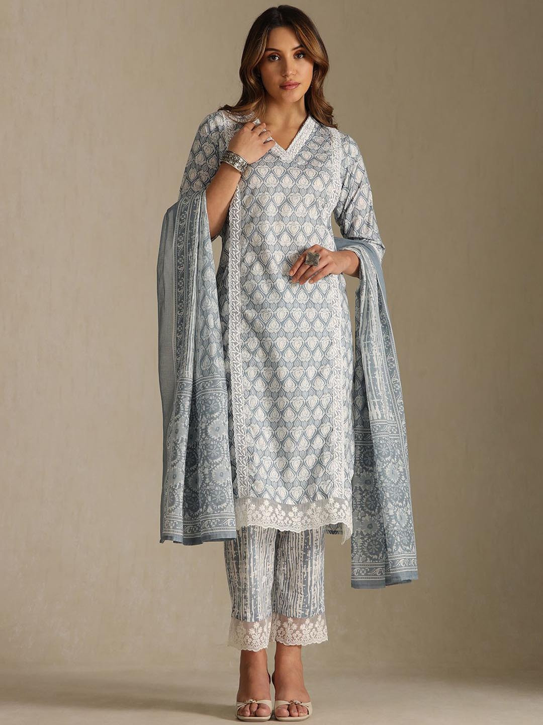 Soch Floral Printed Thread Work V-Neck Straight Kurta With Trousers And Dupatta