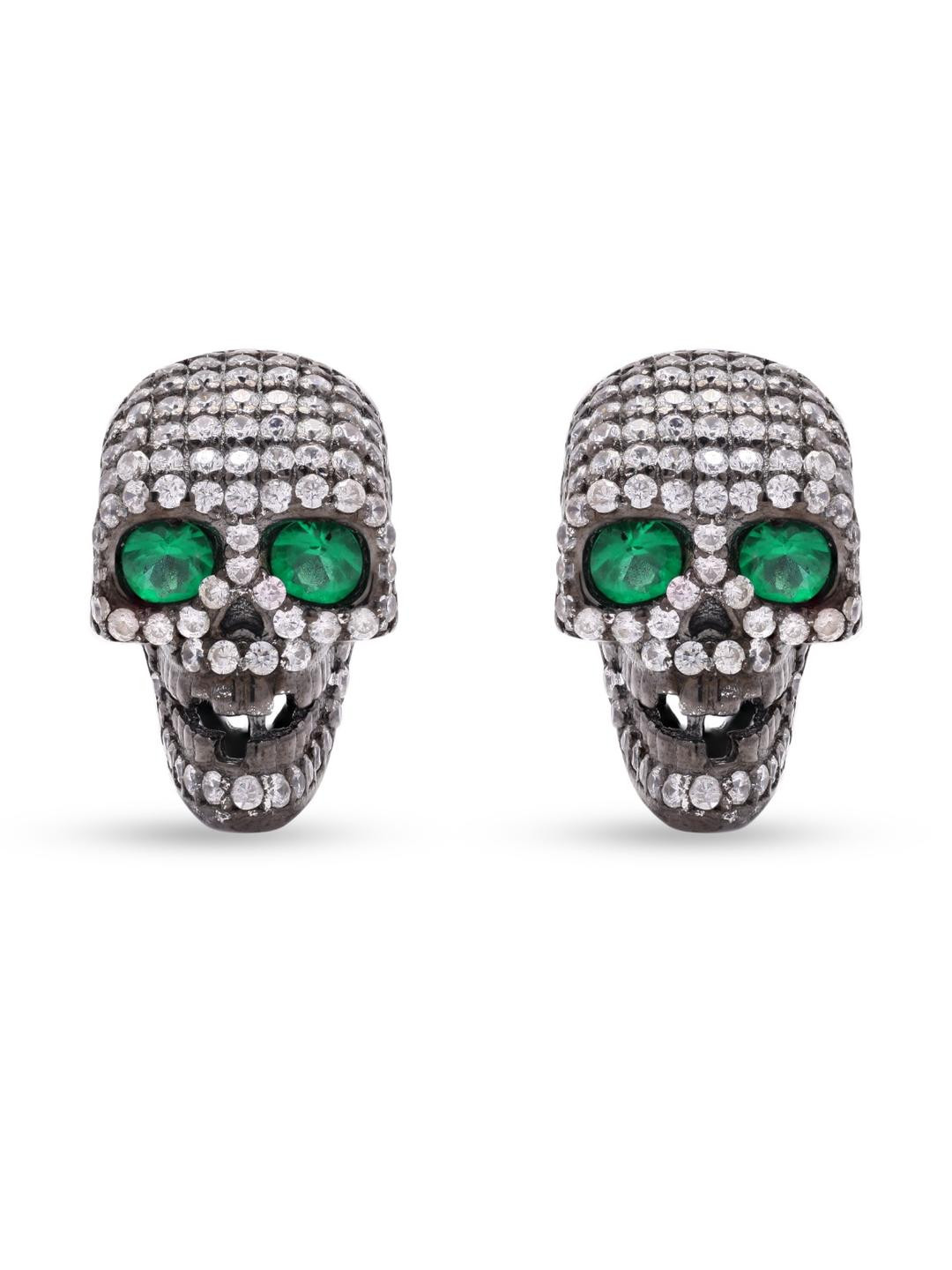 American Diamond Studded Green Emerald Skull Studs on Pure 925 Silver