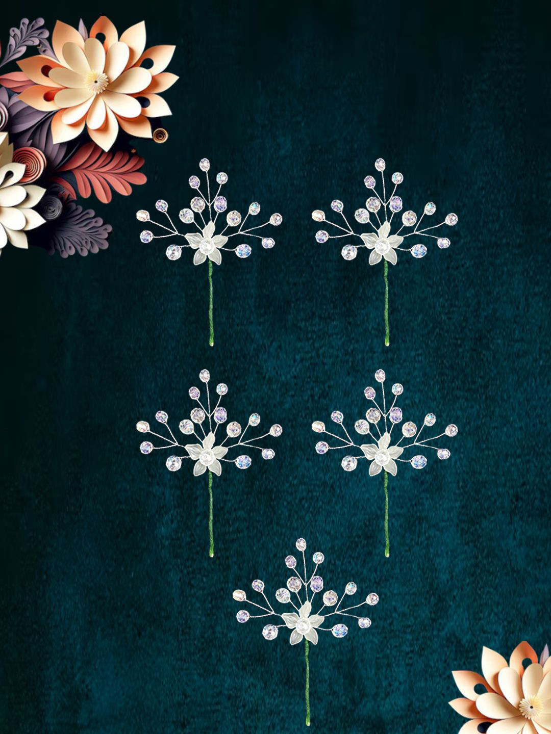 LYKAA Set of 5 Silver Bridal Crystal flower Hair Pins Handmade Juda Accessories