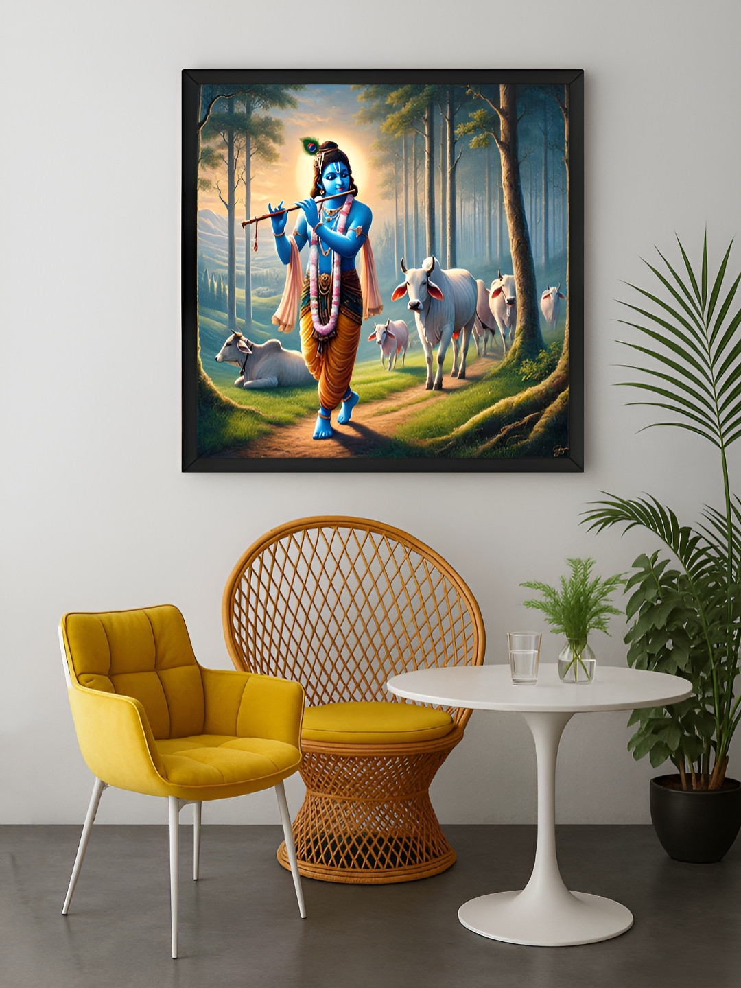 999Store Green & Blue Lord Krishna With Cows Religious Canvas Wall Art
