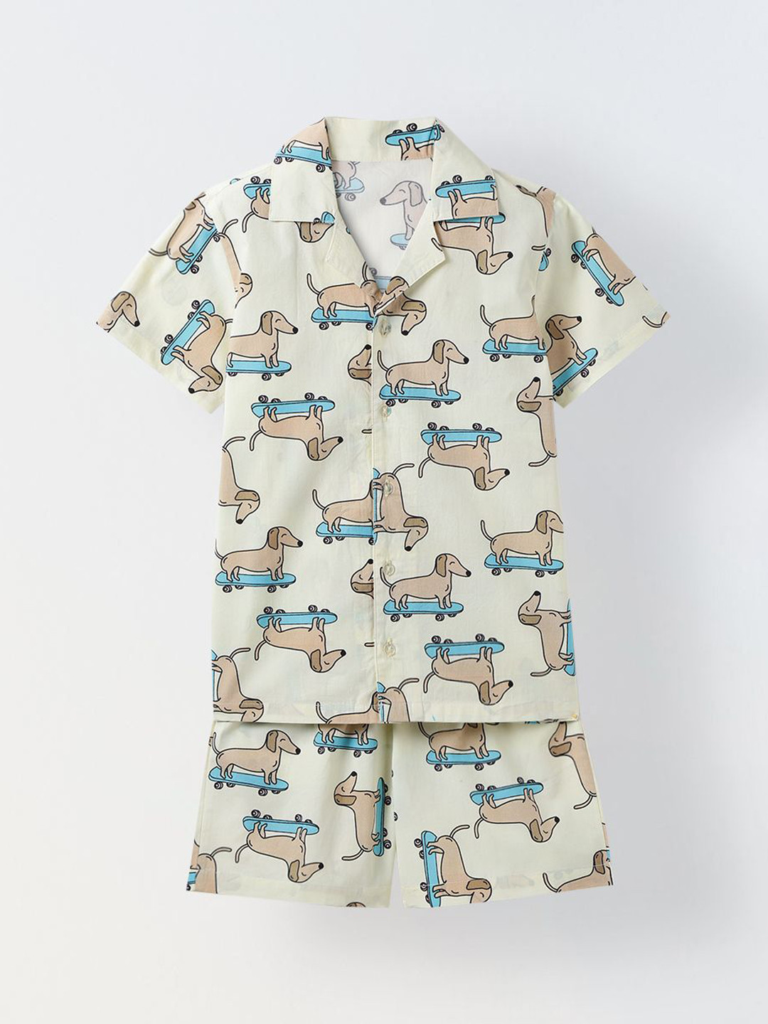 SPUNKIES Boys Dachshund Printed Pure Cotton Shirt With Shorts