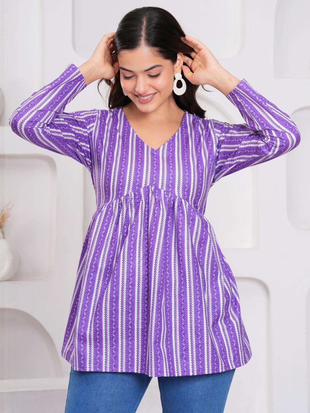 Royal Marque Vertical Stripes V-Neck Cotton Empire Top