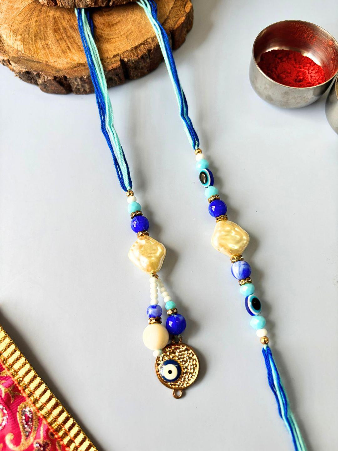 Evil Eye Mother of Pearl Lumba Rakhi Set for Bhaiya Bhabhi Traditional Handmade Set of 2 pcs Rakhi and Lumba for Brother and Sister in Law