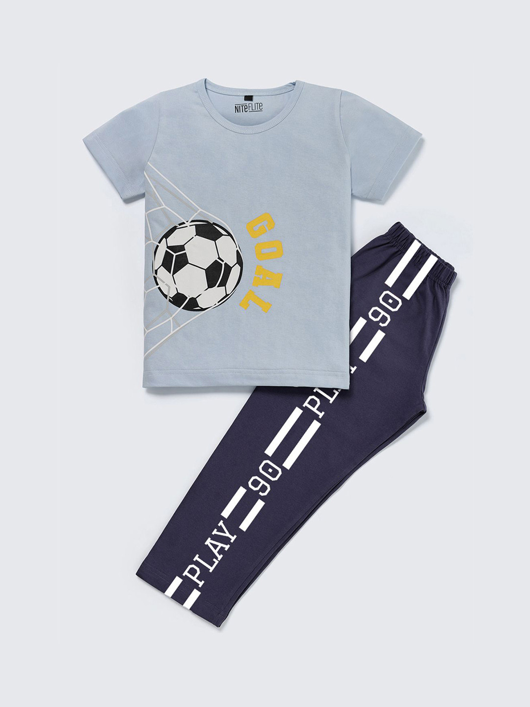 Nite Flite Boys Goal Printed Round Neck Pure Cotton Night Suit