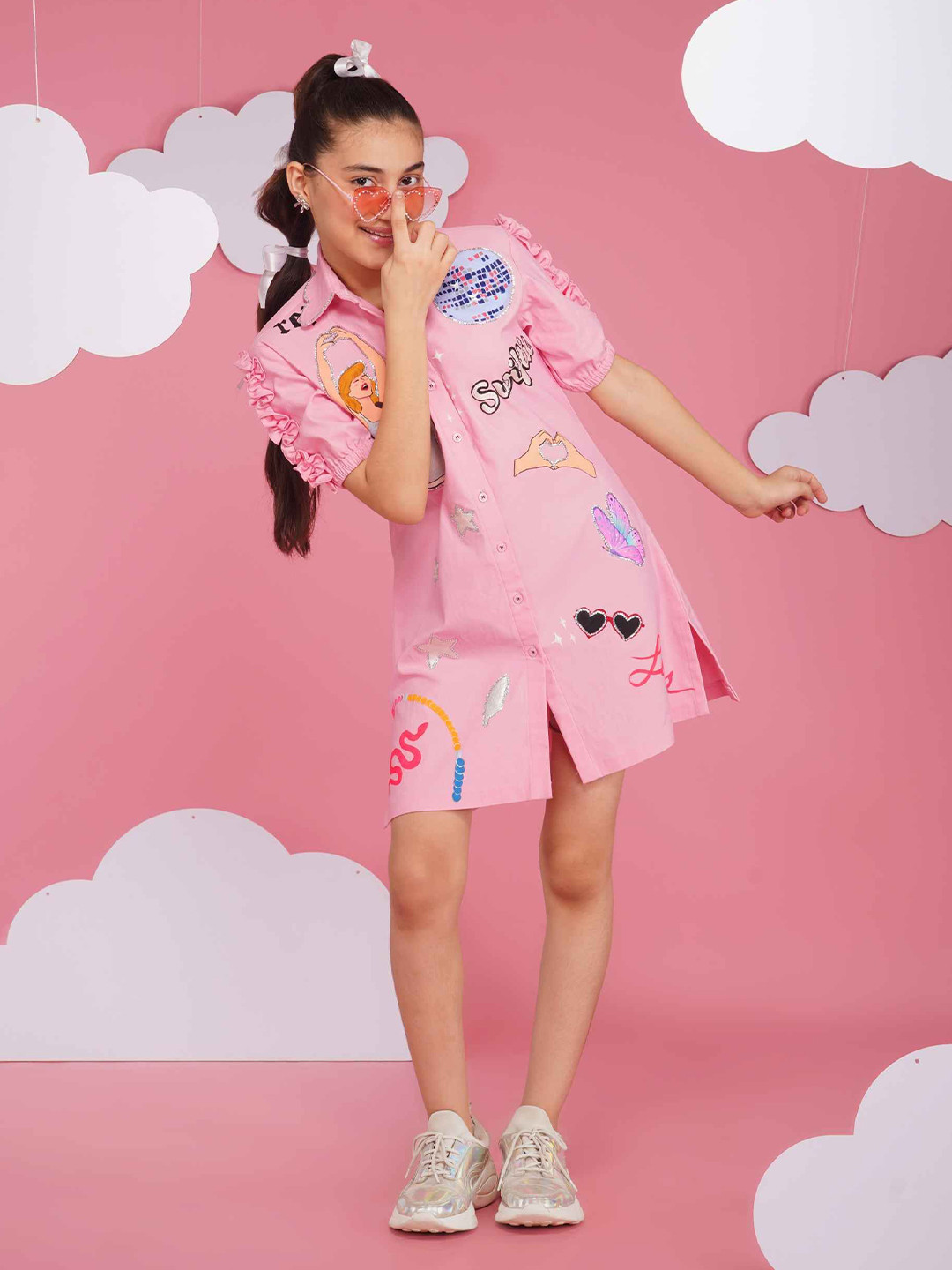 HOITY MOPPET Girls Taylor Swift Printed Puff Sleeve Ruffled Denim Shirt Dress